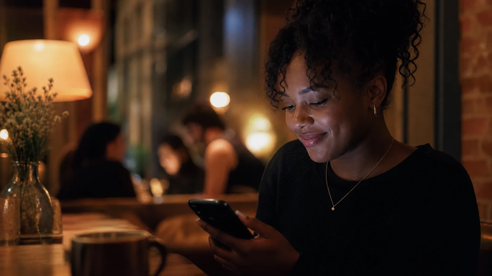 A Black woman smiles softly at her phone while sitting in a warmly lit cafe at night.
