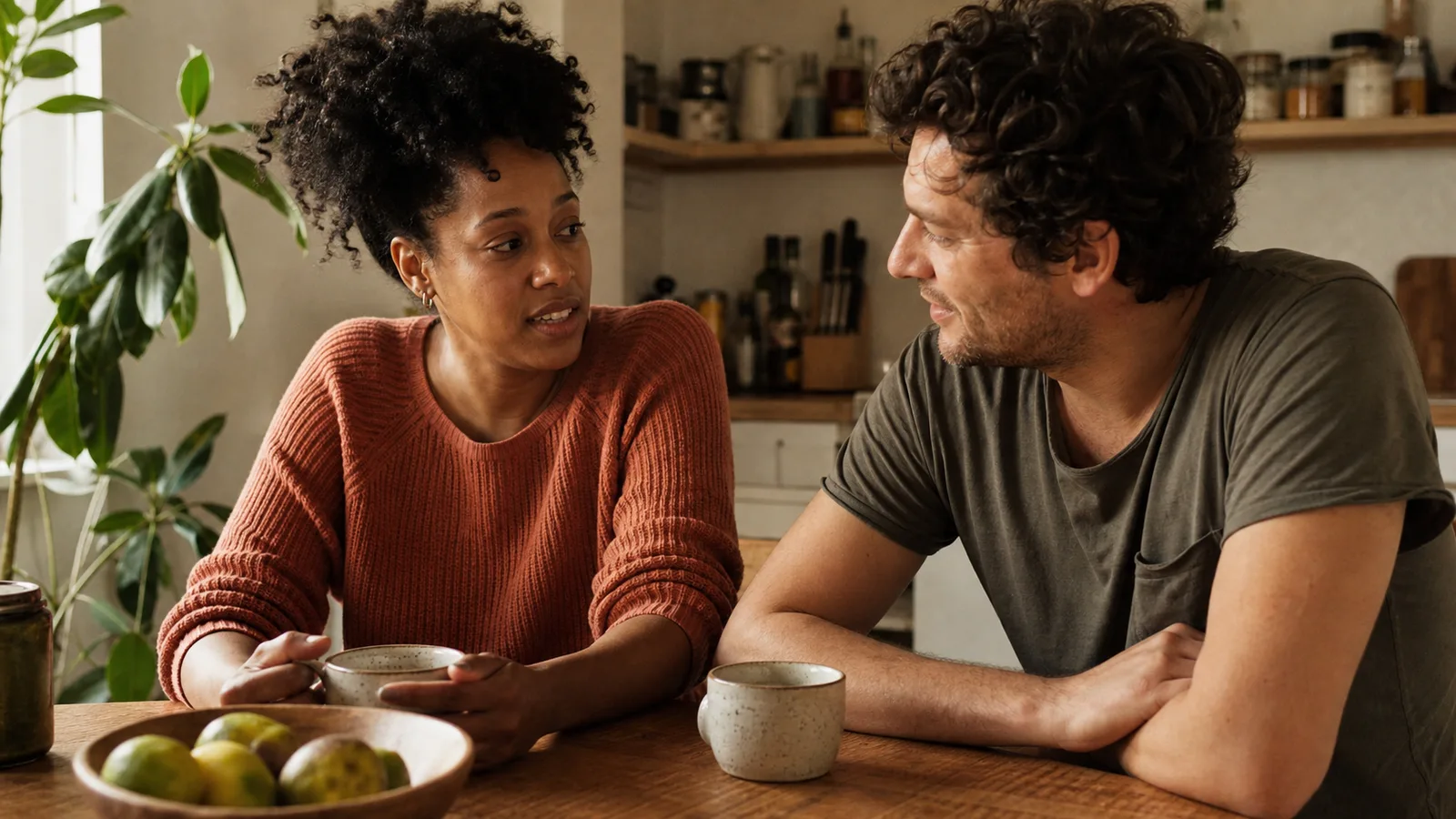 A Black woman and a White man sitting together in warm afternoon light, talking.