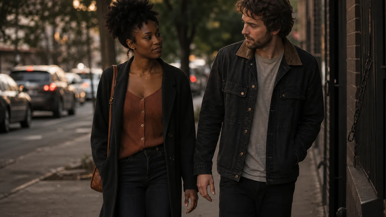 A Black woman and a White man walk side by side along a city sidewalk at golden hour, hands almost touching.