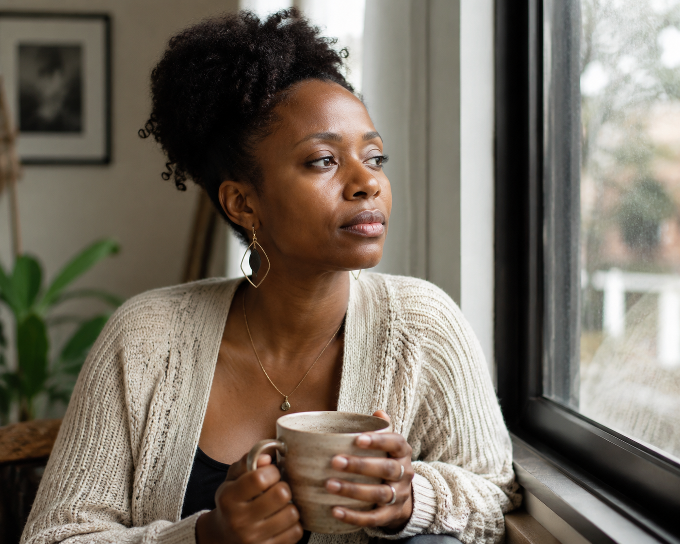A thoughtful woman holding a warm mug, looking out a window in soft light