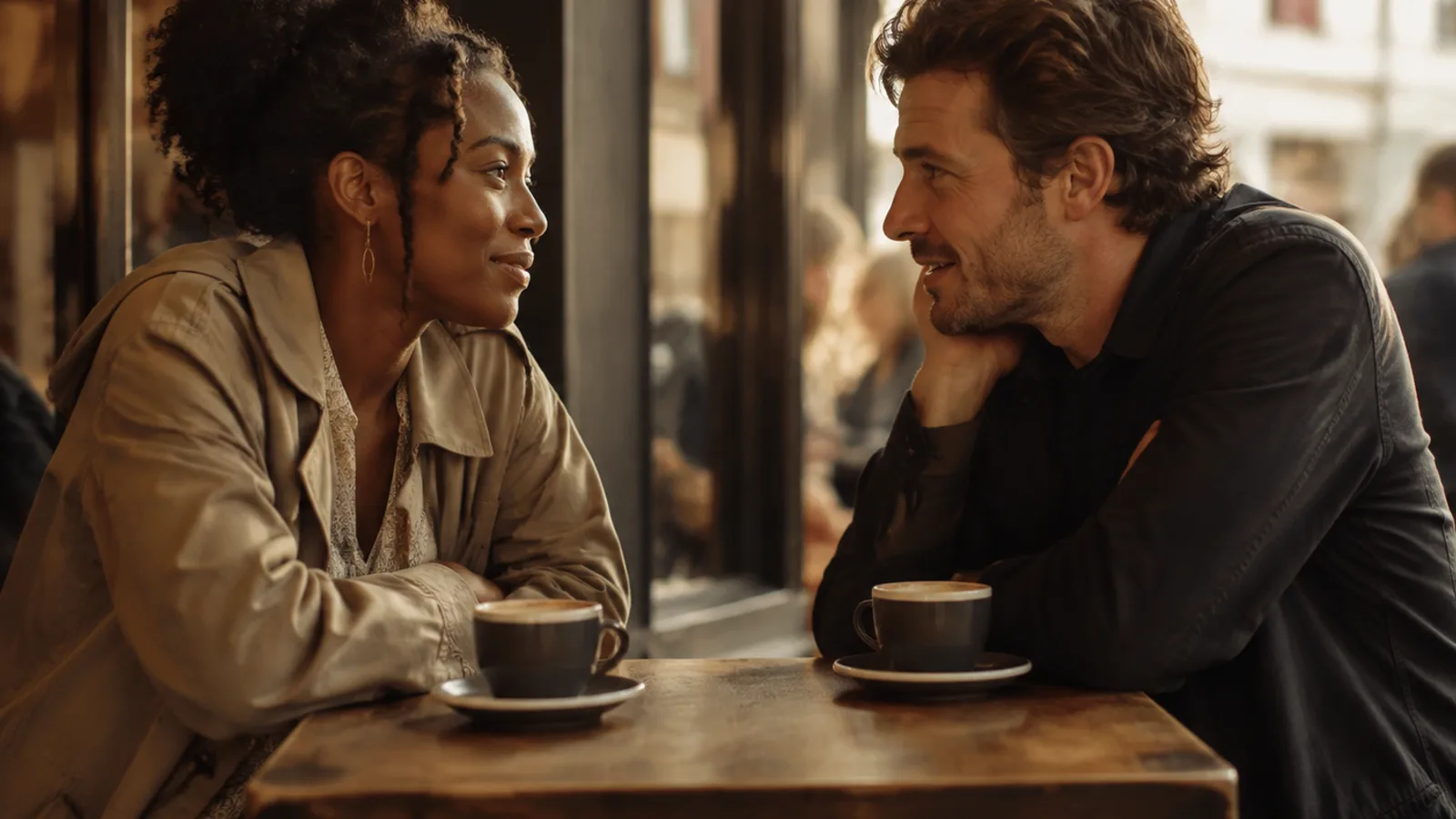 A Black woman and a White man lean toward each other across a small cafe table in warm afternoon light, mid-conversation on a first date.
