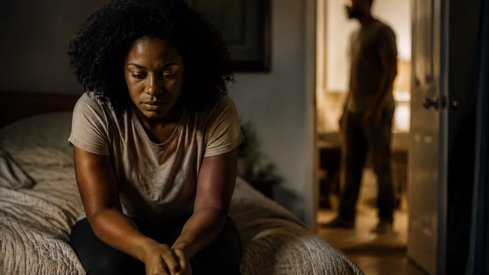 A Black woman sits alone on the edge of a bed in dim evening light, looking down, with a blurred figure standing in the doorway behind her.