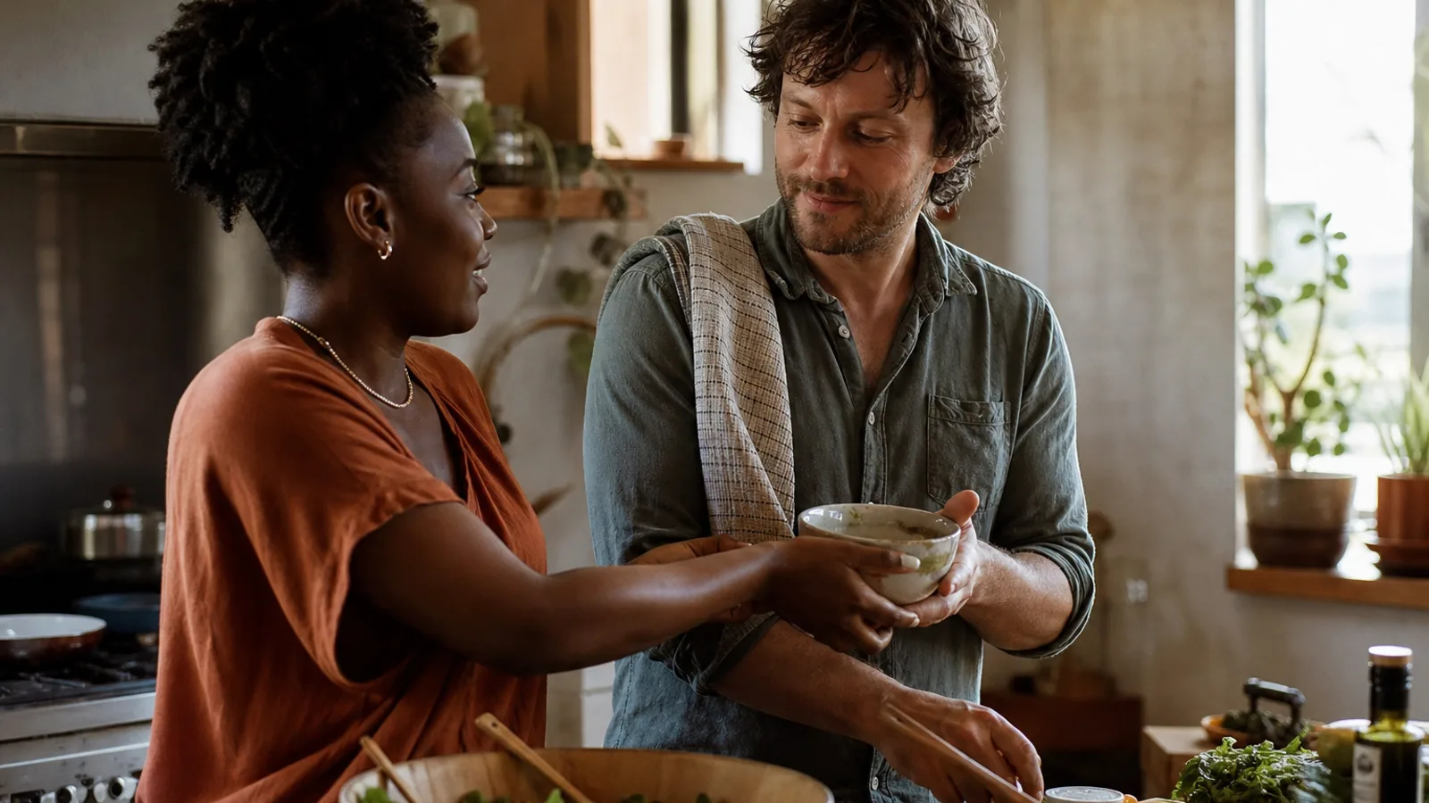 A Black woman and a White man cook together in a sunlit kitchen, one passing the other a bowl with easy familiarity.