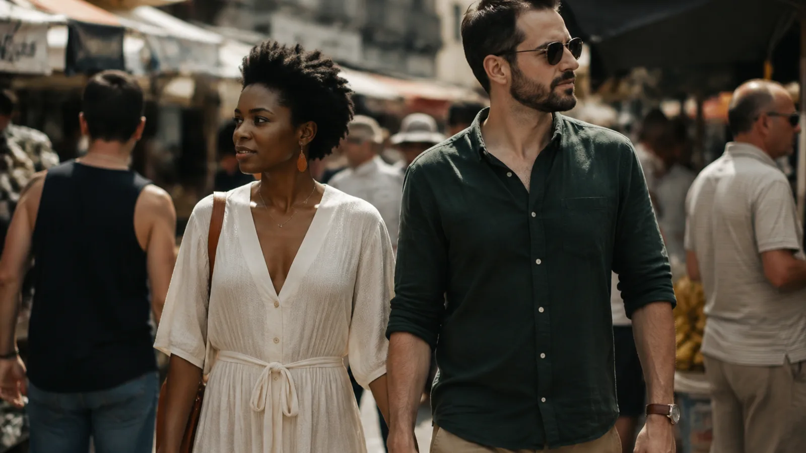 A Black woman and a White man walk hand in hand through a busy street market, composed as strangers blur past.