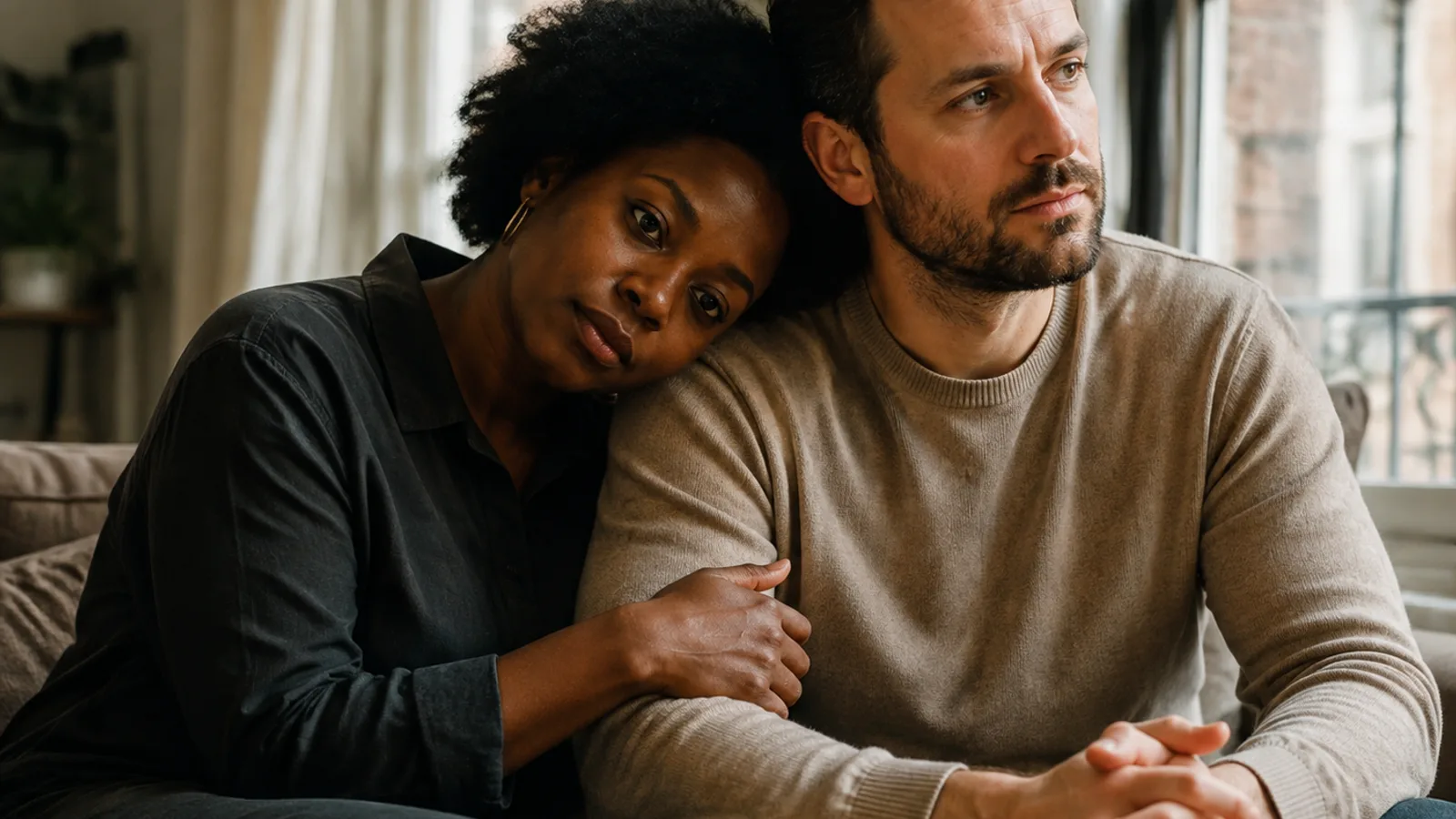 A Black woman rests her head on her White partner's shoulder as they sit together on a sofa in soft window light, both looking thoughtful.