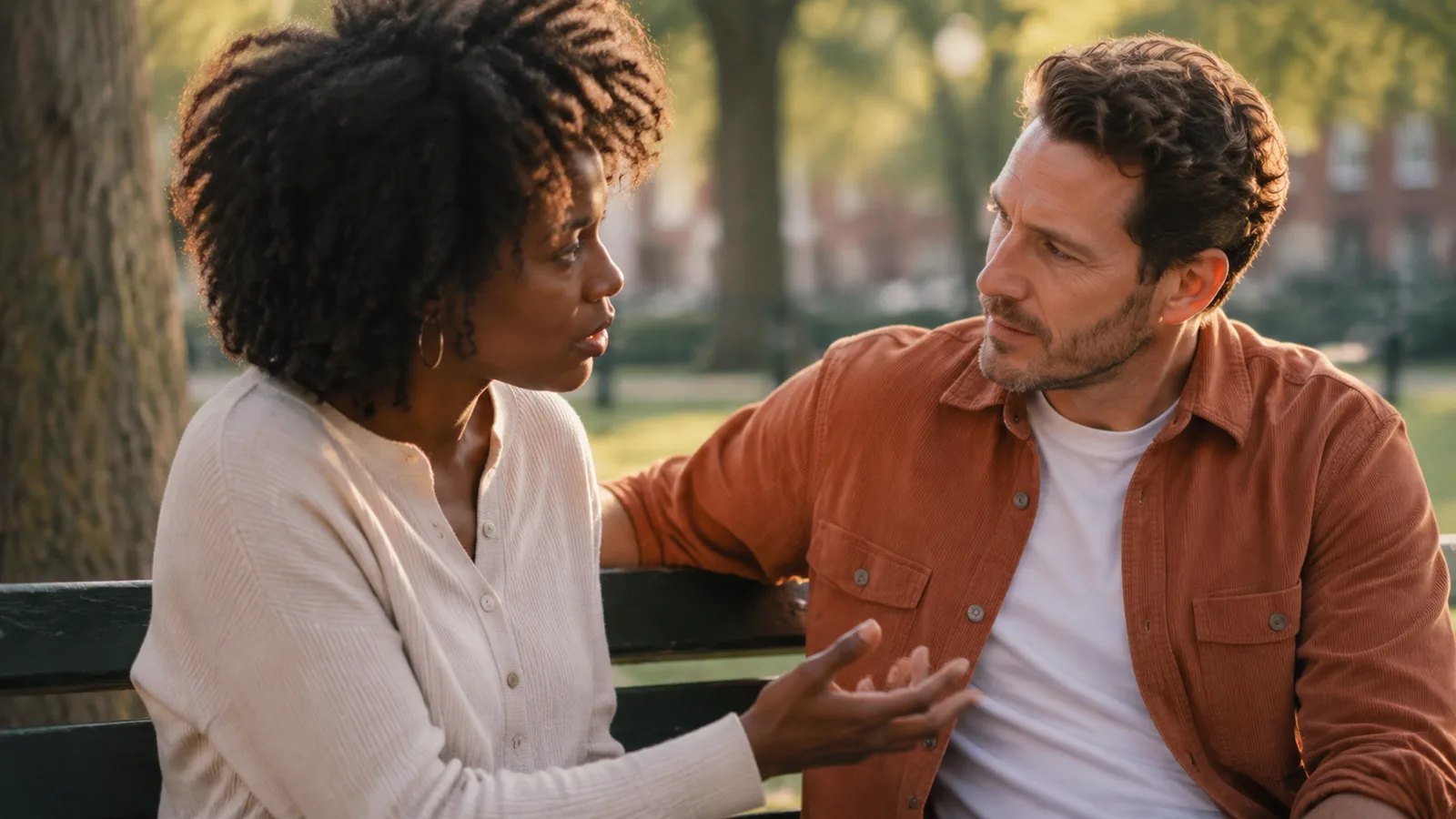 A Black woman and a White man talk warmly on a park bench in afternoon light.