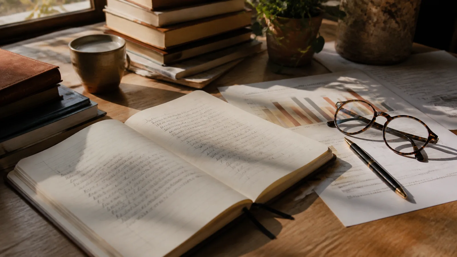 An open notebook and printed charts on a desk in warm afternoon light.