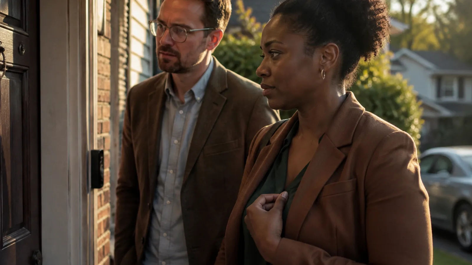 A Black woman and a White man stand at the front door of a suburban house in warm afternoon light, about to knock, she adjusts her jacket nervously.