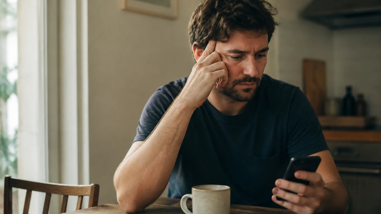 A White man sits at a kitchen table in morning light, hand against his temple, looking pensively at his phone.