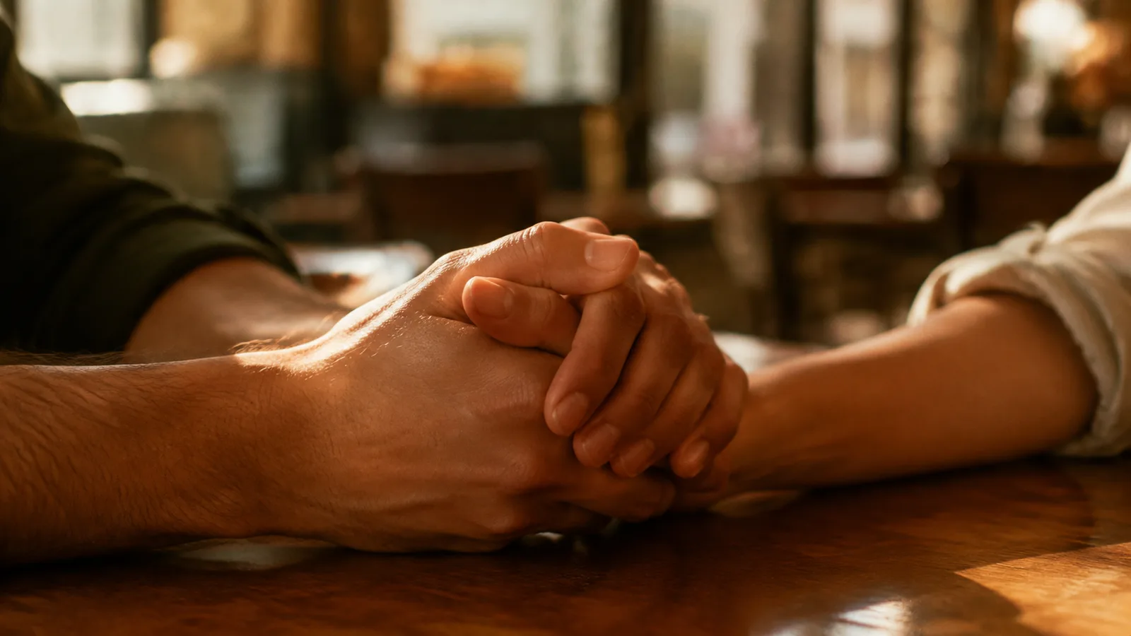 Two hands of different skin tones intertwined in warm golden light at a cafe table.